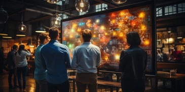 a group of people looking at a large screen