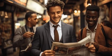 a person in a suit reading a newspaper