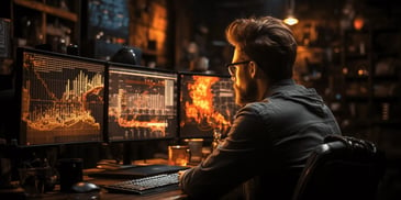 a person sitting at a desk looking at multiple computer screens