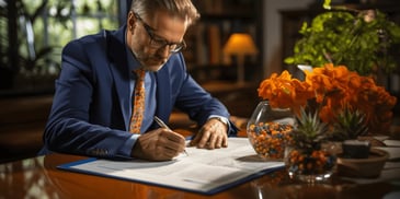 a person in a suit writing on a paper