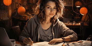 a person wearing headphones and writing on paper