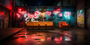 a couches and chairs in front of a wall with neon lights