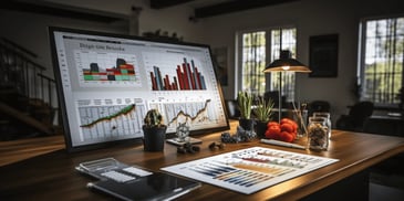 a desk with a computer and a chart on it