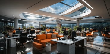 an office with a large skylight