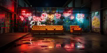 a couches and chairs in front of a wall with neon lights