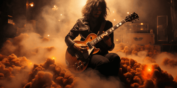 Jimmy Page shredding an epic guitar solo amidst amplifiers and fog