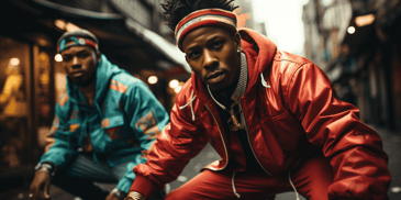 Two 1970s Bronx youths breakdancing, pioneers of emerging hip hop scene