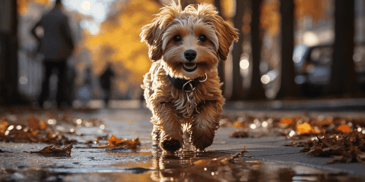 a dog running on a wet sidewalk