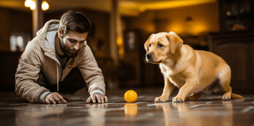 Labrador puppy learning to sit inside through lure training