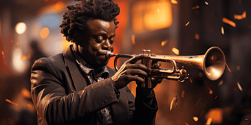Miles Davis improvising on trumpet with his band in a 1950s New York jazz club