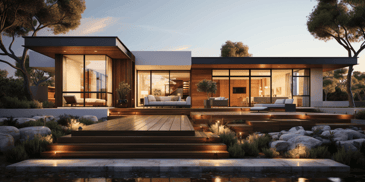 A modern minimalist house with clean lines, large windows, neutral colors, and no clutter.