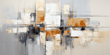 A minimalist abstract painting in neutral gray and beige tones with clean lines and shapes.