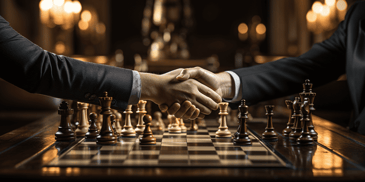 Two individuals shaking hands with justice scales and chess pieces in the background.