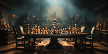 Boardroom with chess pieces and scales illustrating power imbalance.