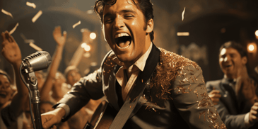 Elvis Presley gyrating his hips wildly on stage in 1957, igniting early rock and roll culture
