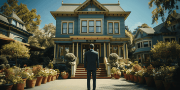 A person facing the front of a house