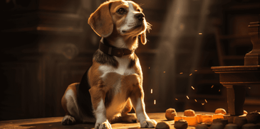 Beagle learning treatless training with toys and praise